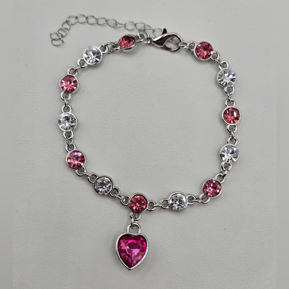Swarovski Crystal Elements Silver and Pink Heart Charm Bracelet 6.5 - 8.5 inch - Picture 3 of 4